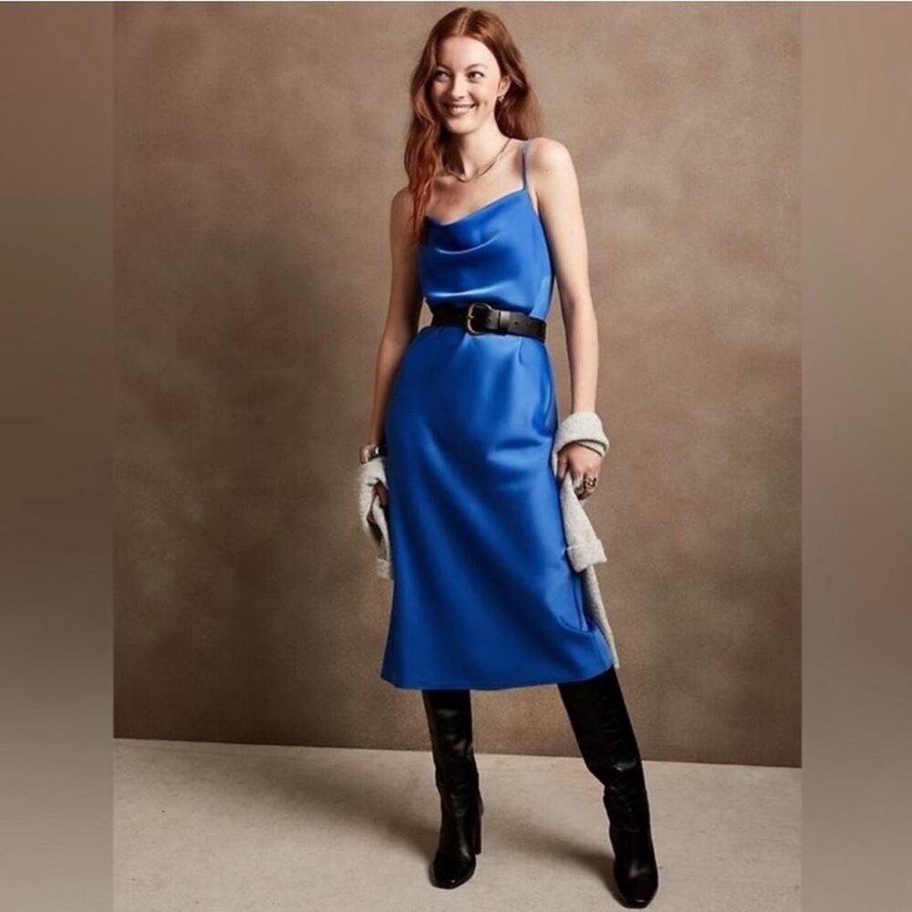 Banana Republic Midi Satin Cown Neck Dress Blue Large Adjustable Straps